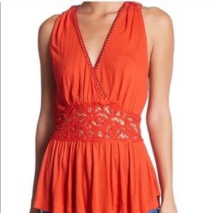 309 NWT Free People Red & Purple Embroidered V-neck Top W/Open Back. SzM